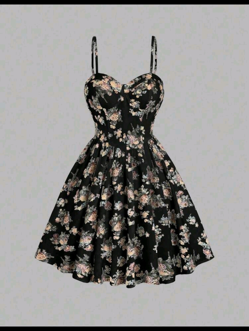 SHEIN Black Floral Sweetheart Fit-and-Flare Mini Dress